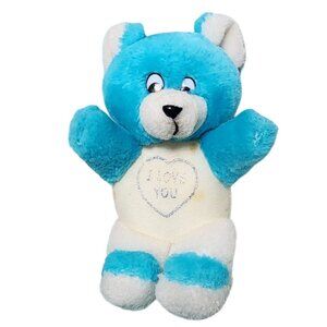 Vintage Blue White Teddy Bear Plush Stuffed Animal Valentine's Day I Love You